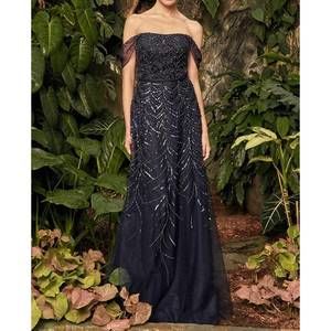 NEW DAYMOR tulle off the shoulder beaded ball gown in navy